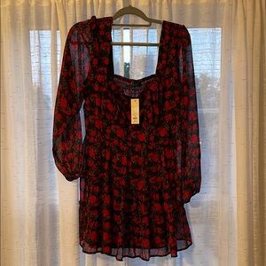 Trixxi Red and Black Pleated Sundress with Bishop Sleeves